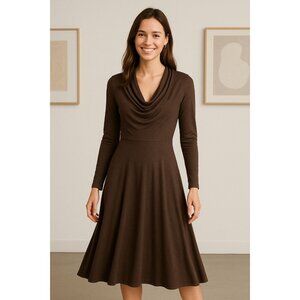 Bordeaux Brown Cowl Neck Fit & Flare Timeless Elegance Midi Dress Petite SMALL